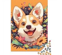Happy Corgi with Floral Background 1000-Piece Puzzle for Adults, 52x38cm/1000pcs, A Relaxed Project for Colder Days; Low-dust Card Pieces for Tidy Sorting