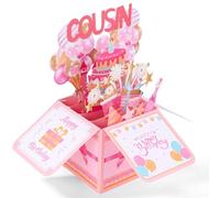 Happy Cousin Pop up Birthday Card, Pink Girly 3D Birthday Gift Box Foldable Pop up Gift Box with Envelope Greeting Card for Cousin