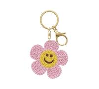 Happy Crochet Flower Keychain with Smiley Face, Pink and Yellow, Gold Clasp, Bag Charm Accessory, Positivity