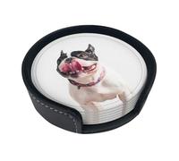Happy Curious Dog French Bulldog,Set of 6 Round Coasters, Pu Leather Drinks Coasters with Holder for Home Office Kitchen