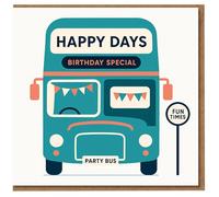 Happy Days Birthday Special Party Bus Birthday Card - Fun Double-Decker Bus with Bunting and 'Fun Times' Stop, Playful Travel Theme
