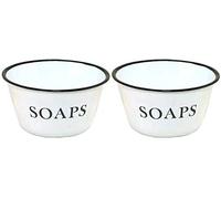 HAPPY DEALS ~ Enamelware Soap Bowls Dishes | Set of 2 | Vintage White Farmhouse Style Bathroom | 6 x 3 in