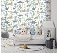 Cartoon Dinosaur Pastel Teal Yellow Green Blue White Childrens Smooth Wallpaper