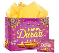 Happy Diwali Gift Bags - Festival of Lights Party Supplies With Wrapping Paper and Card - Large Indian Pink Candlelight Goodie Bags for Deepavali Decoration