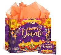 Happy Diwali Gift Bags - Purple Candlelight Goodie Bags with Wrapping Paper and Card - Large Indian Diwali Wrapping Paper Bag - Deepavali Decoration