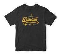 Happy Diwali Personalised T Shirt for Kids Boy Girl Gold Festival of Lights Diyas Family Celebrations Tee, 2-3 Years, Black