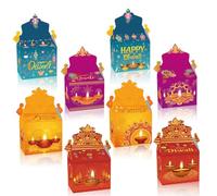Happy Diwali Treat Box - 12 Pcs Indian Sweets Gift Gable Boxes for Deepavali Party Favors, Candy Goodie, Snack Packaging - Lights Festival Party Decorations Supplies