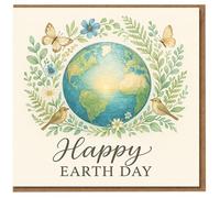 Happy Earth Day Card - Watercolour Globe with Flowers, Butterflies and Birds - Nature-Themed Greeting Card