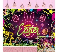 Happy Easter Backdrop 7X5FT Glow Egg Hunt Neon Easter Colorful Eggs Bunny Party Background Glow in The Dark Grass Rabbit Decorations Photography Backdrop