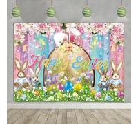 Happy Easter Backdrop Colorful Wood Photography Background Spring Flower Bunny Eggs Banner Easter Themed Party Decoration Background (8X6FT (240x180cm))