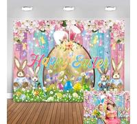 Happy Easter Backdrop Colorful Wood Photography Background Spring Flower Bunny Eggs Banner Easter Themed Party Decoration Background (6X4FT (180x120cm))