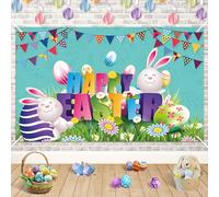 Happy Easter Backdrop, Easter Decorations Banner Colorful Egg Bunny Background Spring Party Decorations for Outside Home Photo Props