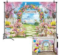 Happy Easter Backdrop Easter Garden Rabbit Colorful Eggs Photoshoot Background Spring Bunny Floral Party Decoration Banner Booth Props (8x6FT(94x70 inch))