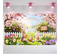 Happy Easter Backdrop for Photography - 71x43 Inch Easter Banner with 20ft Ribbon - Hemmed Edges & Metal Grommets - Durable Polyester Spring Bunny Egg Wall Decor for Party Supplies