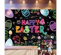 Happy Easter Backdrop Glow Colorful Eggs Flower Rabbit Spring Party Background Banner For Kids Easter Party Decorations Birthday Photo booth props (7X5FT)