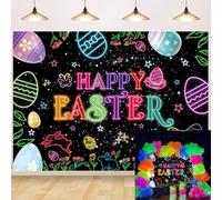 Happy Easter Backdrop Glow Colorful Eggs Flower Rabbit Spring Party Background Banner For Kids Easter Party Decorations Birthday Photo booth props (8x6FT)