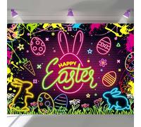 Happy Easter Backdrop Glow Egg Hunt Neon Easter Colorful Bunny Party Background Glow in The Dark Grass Eggs Rabbit Decorations Photography Backdrop (8X6FT(94 x 70 inch))