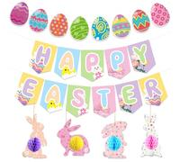 Happy Easter Banner, 23 PCS Double-Sided Easter Banner & Bunting Set, a Complete Set of Easter Decorations with 3D Honeycomb Bunnies, Premium Reusable Hanging Decor for Home, School, Office & Party