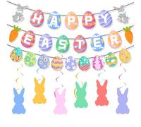 Happy Easter Banner, 30 Pcs Easter Decorations, Bunny Carrot and Egg Decorations Hanging Swirl for Home, Party Supplies