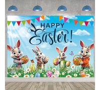 Happy Easter Banner Backdrop 8x6FT Blue Sky Green Lawn Colorful Easter Eggs Bunny Photography Background Spring Party Decorations Photo Props