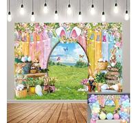 Happy Easter Banner Backdrop Spring Easter Bunny Photoshoot Background Spring Rabbit Colorful Eggs Wooden Wall Party Decoration Banner Photo Supplies (8x6FT(94x70 inch))