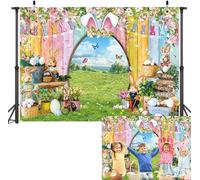 Happy Easter Banner Backdrop Spring Easter Bunny Photoshoot Background Spring Rabbit Colorful Eggs Wooden Wall Party Decoration Banner Photo Supplies (7x5FT(82x59 inch))