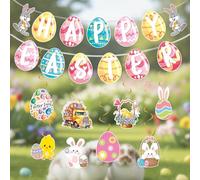 Happy Easter Banner, Bunny Eggs Paper Banners With Hanging Swirls, Holiday Bunting Garland for Easter Decorations Party Supplies Home Ornaments