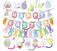 Happy Easter Banner Bunny Garland with 12pcs Foil Hanging Swirls for Easter Decorations, Colorful Rabbit Cutout Cardboard Foil Spirals Outdoor Indoor for Home Party