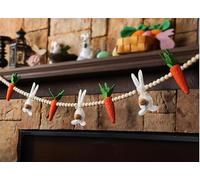 Happy Easter Banner Cute Garland Large Rabbits Bunny with Carrot Wooden Beads Rustic Felt Easter Banner Decoration for Mantle Fireplace Tree Window Spring Decor Tiered Tray