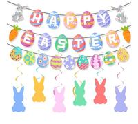 Happy Easter Banner, Easter Decorations Egg Themed Party Decor, Rabbit Egg Hanging Party Decorations for Spring Party Home Office Mantle Fireplace