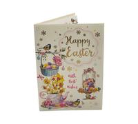Happy Easter Beautiful Flowers And Chicks Eggs Design Greeting Card