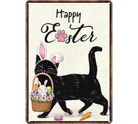 Happy Easter, Black Cat Rabbit Bunny Easter Egg Welcome Easter Decorations Home Farmhouse Coffee Bar Bedroom Easter Decorations Wall Decor Art Tin Sign Wall Decor Poster Metal Sign 8X12 Inches