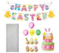 Happy Easter Bunny Banner & Cake Topper Set - Complete Easter Party Supply Kit | High-Quality Hanging Backdrop and Bunny Ear Decorations | Festive Holiday and Favors for Ceiling, Home, School