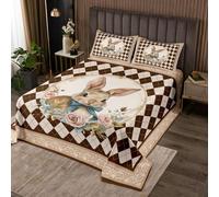 Happy Easter Bunny Kids Bedspread King Size,Bowknot Rabbit Rose Flowers Damask Coverlet Set,Girls Boys Room Decor,Geometric Plaid Grid Square Quilted Coverlet,Brown Bedding Quilt,2 Pillowcases