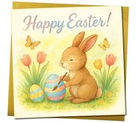 Happy Easter Bunny Painting Eggs Greeting Card - Cute Watercolour Rabbit, Spring Flowers & Butterflies - 145mm x 145mm Square -, Includes Gold Envelope