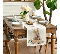 Happy Easter Bunny Table Runner, Spring Seasona Linen Easter Tablecloth with Cute Patern, Kitchen Dining Table Cloths for Home Party Decorations (Beige-Bunny, 13-47 Inch)