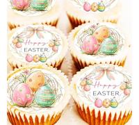 Happy Easter Cake Toppers - Egg Nest Cupcake Toppers - Icing or Wafer - 4cm x 24 - Pre Cut - Bow Eggs Wreath Nests (Edible Icing)