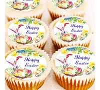 Happy Easter Cake Toppers - Watercolour Chicks Cupcake Decorations - Icing or Wafer - 4cm x 24 - Pre Cut (Edible Icing)