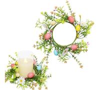 Happy Easter Candle Ring Mini Eggs Artificial Flowers Colorful Candle Holder Ring Wreath Farmhouse Style for Spring Holiday Party Door Table Centerpiece Home Kitchen Decoration (1 Pc)
