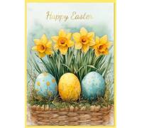 Happy Easter Card - Daffodil Flowers and Painted Eggs with Gold Foil 7x5