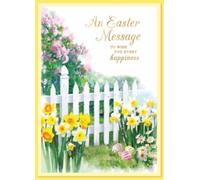 Happy Easter Card - Picket Fence Spring Daffodils Daisies Decorated Eggs Gold Foil 7x5