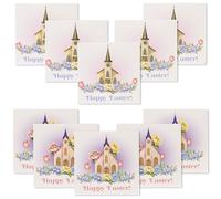 Happy Easter Cards Pack of 10 with Envelopes - 14x14cm Square Seasonal Greeting Cards Blank Inside - Religious & Cheerful UK Designed Themes (Church)