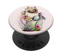 Happy Easter Cat Easter Tea Cup Coffee Cat Siamese Floral PopSockets Adhesive PopGrip