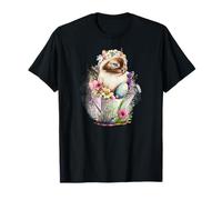Happy Easter Cat Easter Tea Cup Coffee Cat Siamese Floral T-Shirt