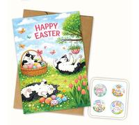 Happy Easter Cats Card Cute Cats with Easter Basket and Eggs Relaxing in the Grass Spring Holiday Greeting Card with Bright Colorful Design Adorable Cat Themed Easter Card Single 5.3'' x 8'' Folded