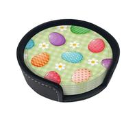 Happy Easter Colorful Easter Eggs,Set of 6 Round Coasters, Pu Leather Drinks Coasters with Holder for Home Office Kitchen