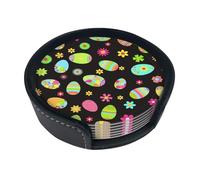 Happy Easter Colorful Easter Eggs,Set of 6 Round Coasters, Pu Leather Drinks Coasters with Holder for Home Office Kitchen