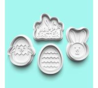 Happy Easter Cookie Cutter and Fondant Stamp Set of 4 - Party Celebration, Birthday Cake, Baker Cookies, Baking Fun, Sugar Biscuit Topper 8-9cm