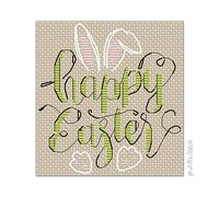 Happy Easter Cross Stitch Kit with DMC Threads & Fabric, Cute Quick Spring Bunny Card Size Embroidery Pattern, Easy Chart Rabbit Ears, Modern Lettering