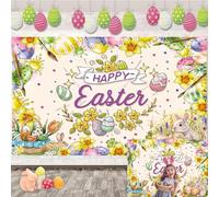 Happy Easter Decorations Backdrop Easter Bunny Colorful Eggs Watercolor Backdrop Spring Colorful Flower Photography Background Spring Party Decor Supplies (7x5FT(210x150cm))